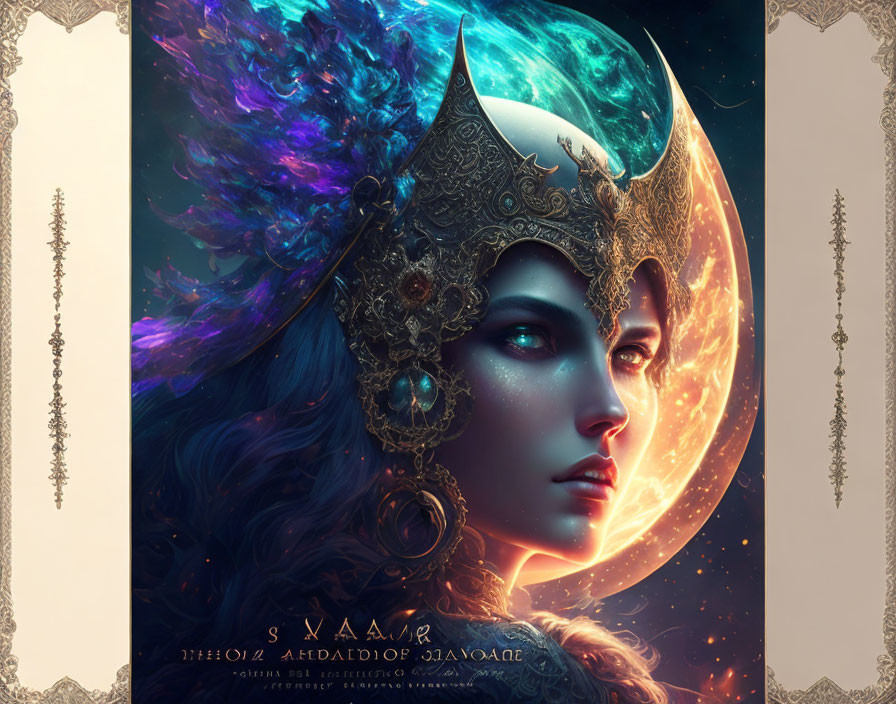 Fantasy artwork: Woman with golden headgear, crescent moon, mystical aura.