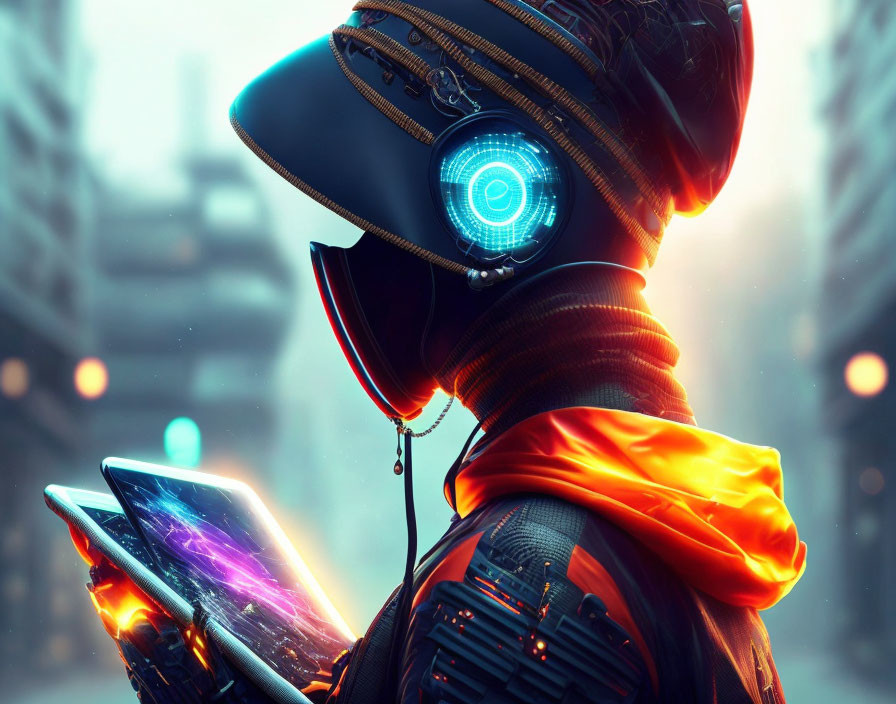 Futuristic armor with glowing visor and holographic device in urban setting