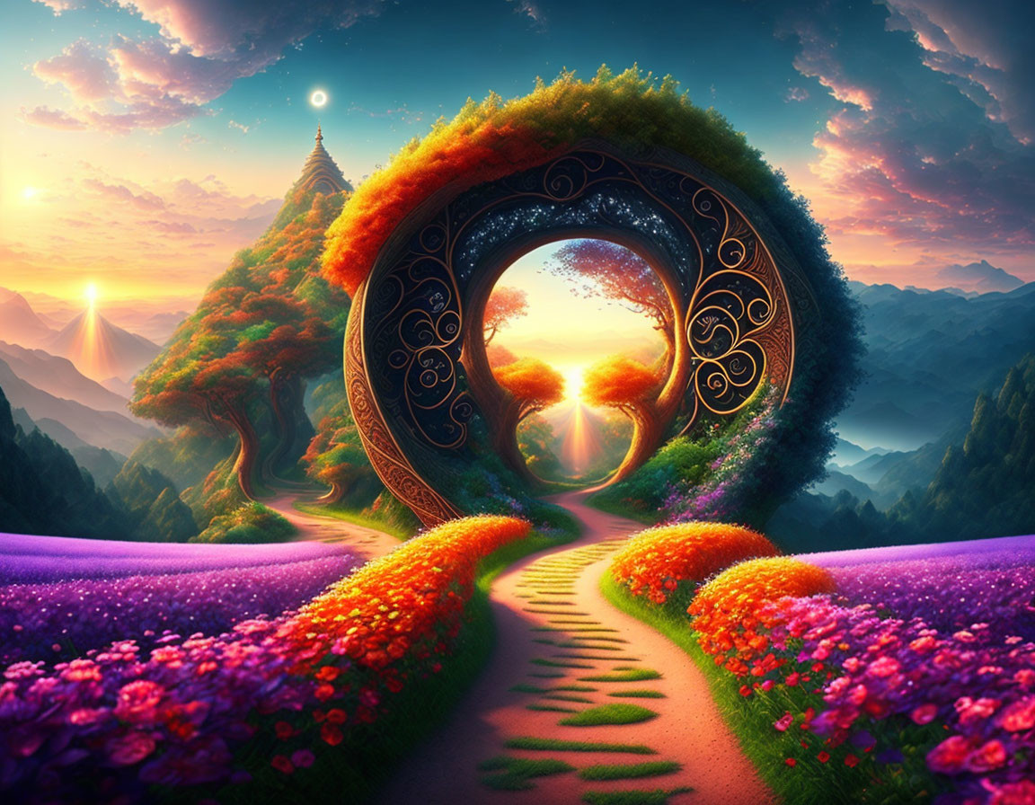 Circular ornate gate in vibrant fantasy landscape with flower-lined paths, lush greenery, and distant mountains