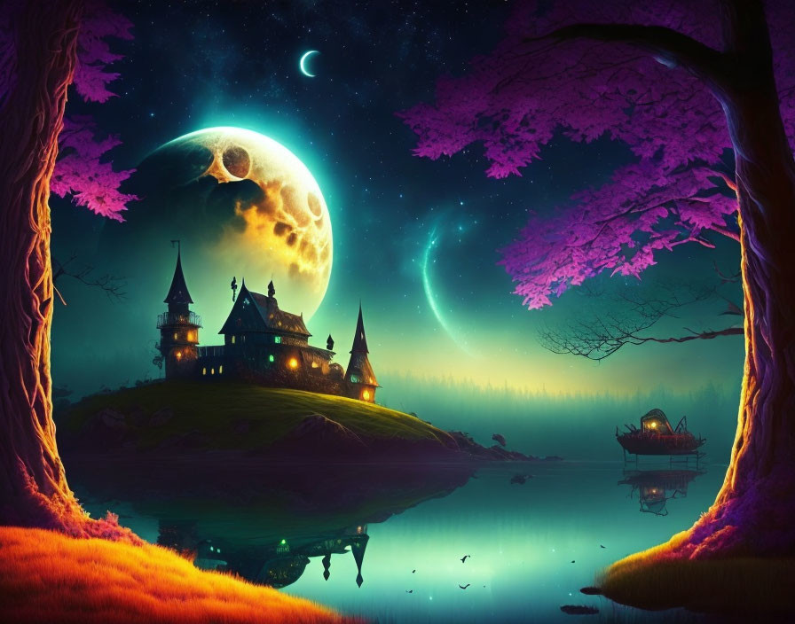 Nighttime fantasy landscape with moon, castle, purple trees, and floating ship