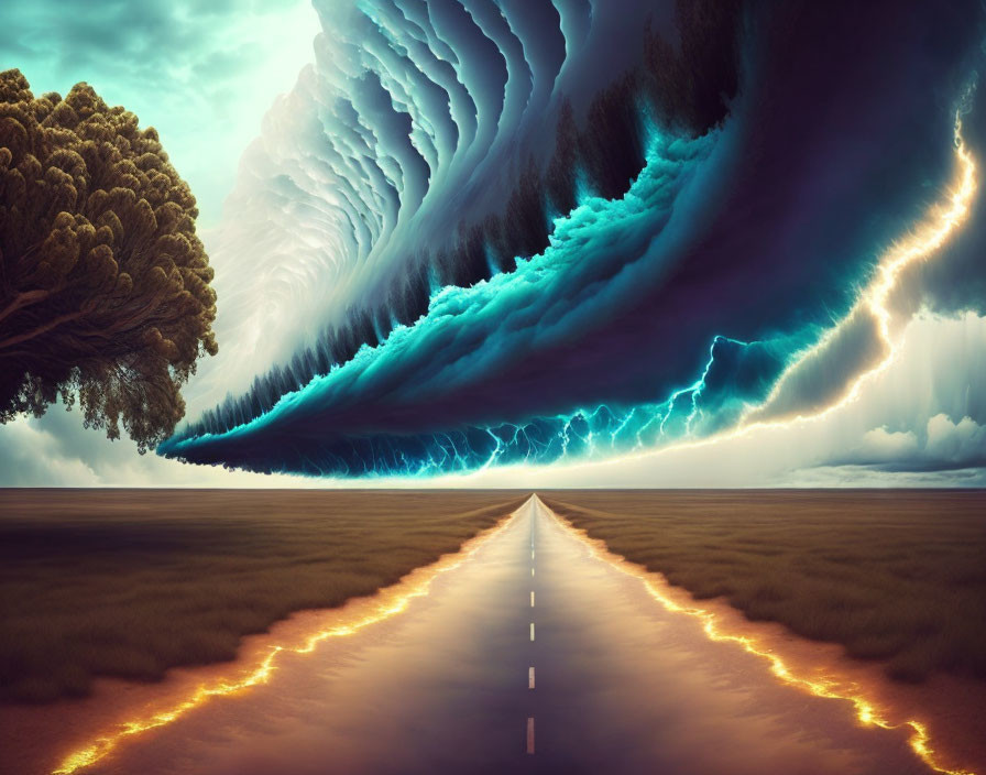 Surreal landscape with swirling vortex of trees under stormy sky