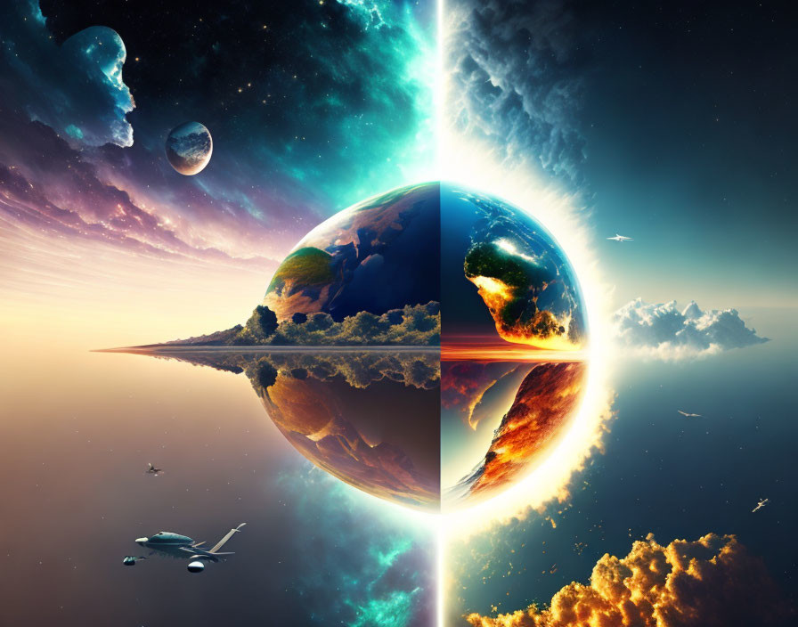 Artwork featuring Earth-like planet in quadrants with spaceships and celestial events