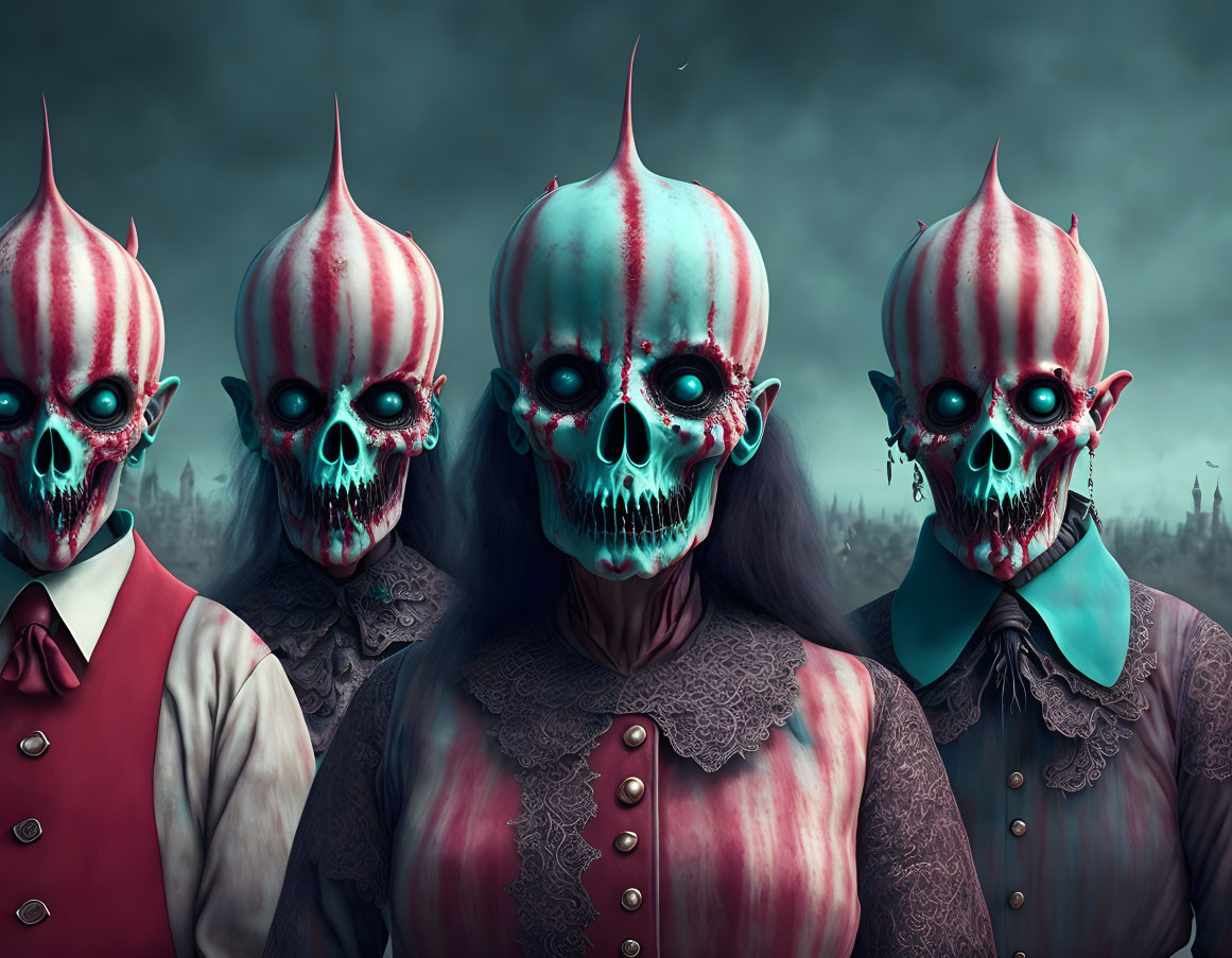 Sinister clown figures with skull faces in colorful costumes