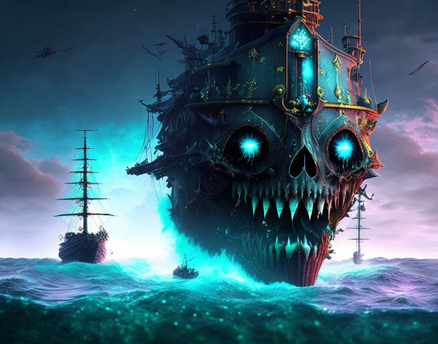 Fantastical skull-shaped ship sailing turbulent seas.