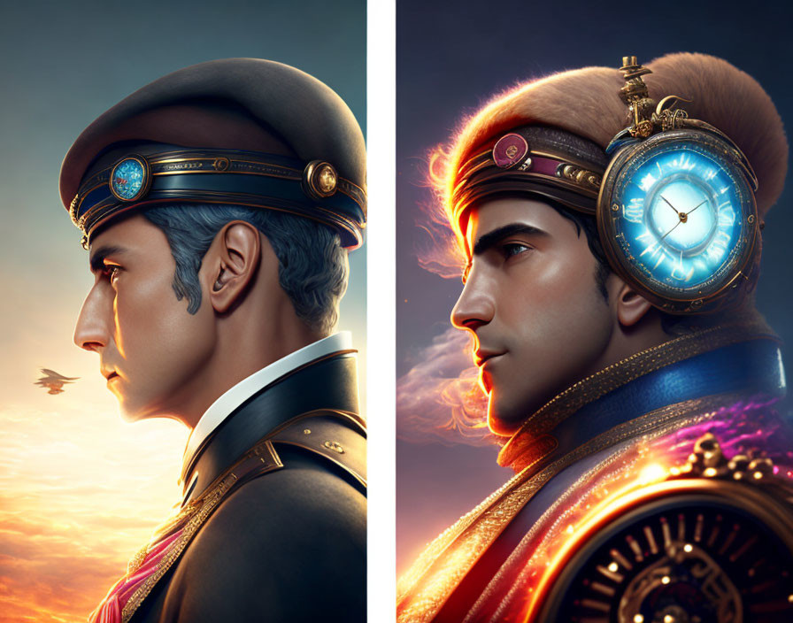 Stylized portraits of a man in uniform with clock motif symbolizing time/thought