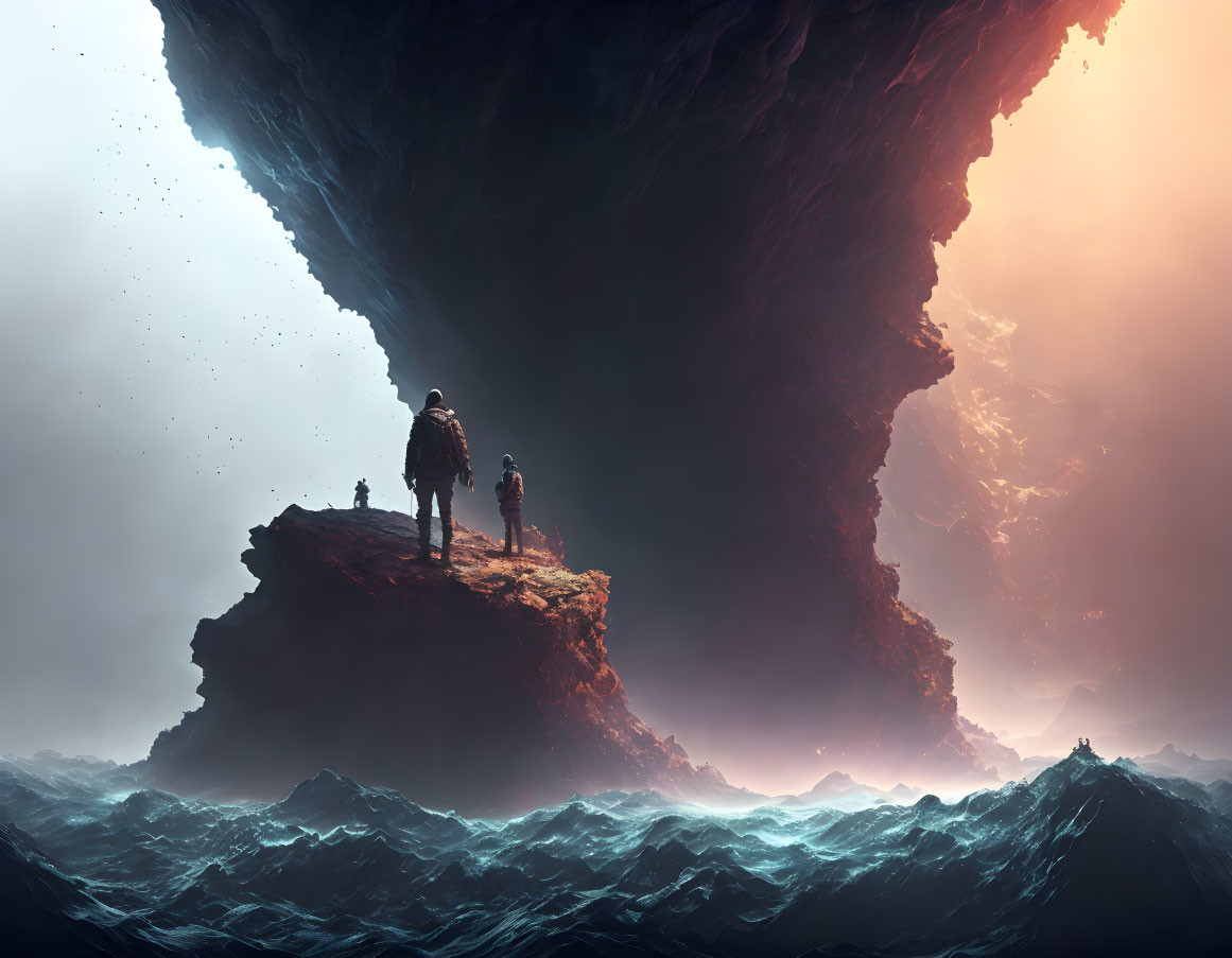 Three adventurers on cliff overlooking vast ocean with dramatic sky