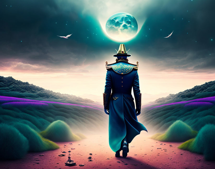 Person in Napoleonic uniform in surreal landscape with giant moon