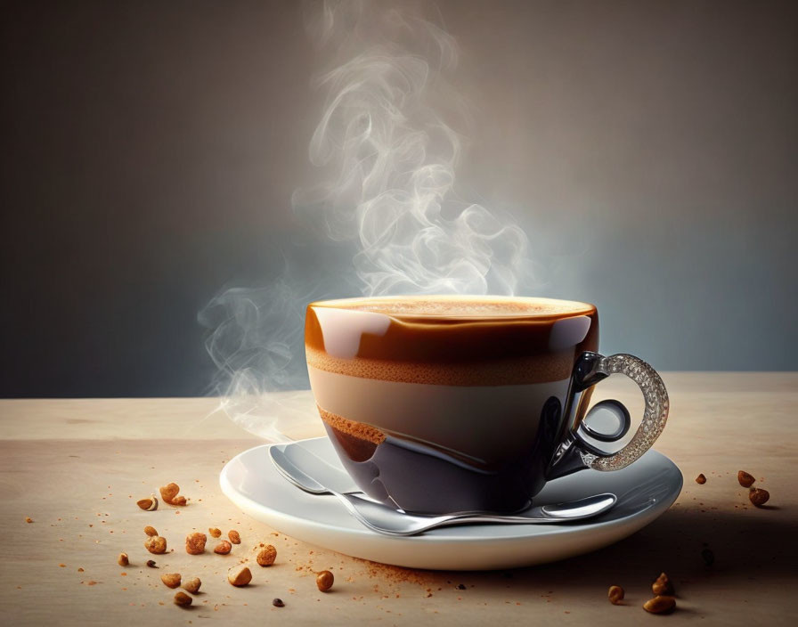 Two-tone cup with steaming coffee, beans on saucer.