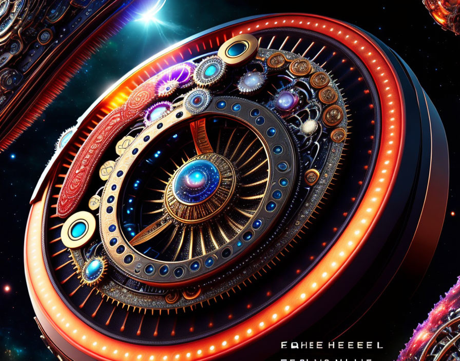 Colorful sci-fi scene with intricate mechanical eye and starry space backdrop