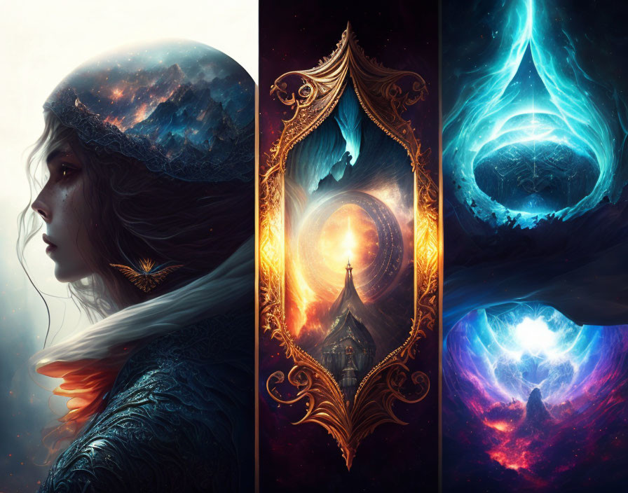 Fantasy Triptych Artwork: Hooded Figure, Cosmic Silhouette, Luminous Key