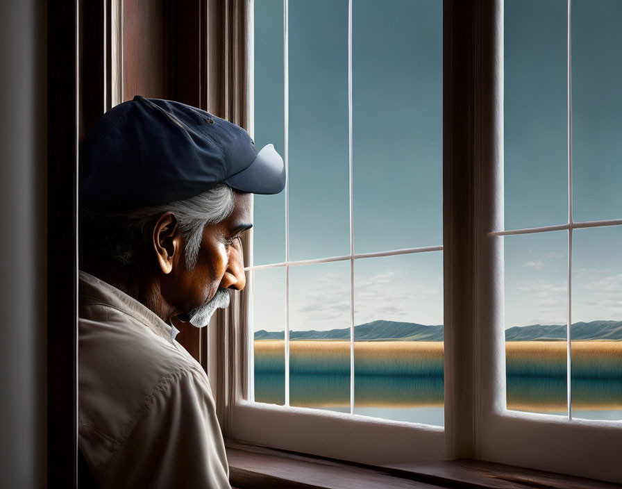 Elderly person in cap looking out window at serene water landscape