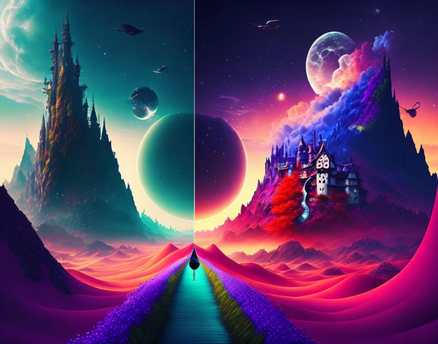 Fantasy landscape split into two scenes with mountains, castles, planets, and a person walking on