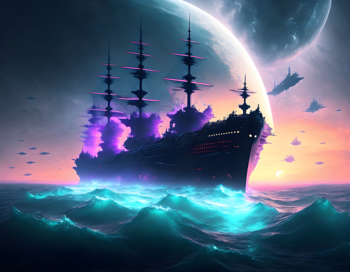 Mystical ship with purple accents on teal waves and sunset sky with massive moon