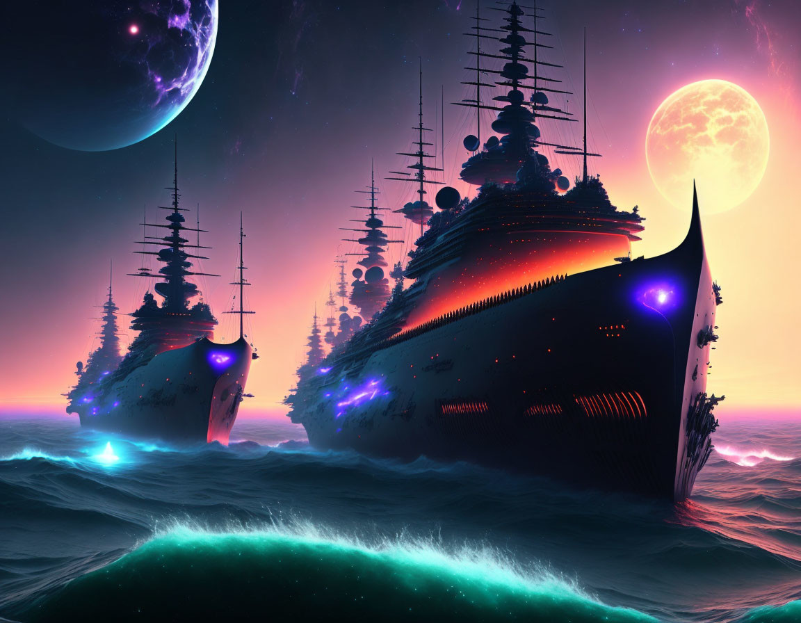 Sci-fi fantasy art: Futuristic battleships in neon-lit waters