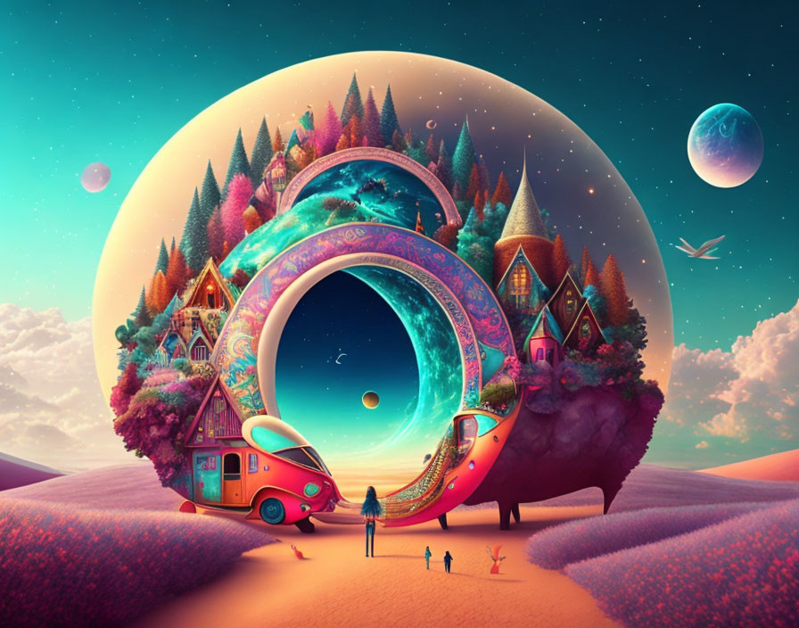 Colorful surreal landscape with circular portal, whimsical houses, figures, and planets.