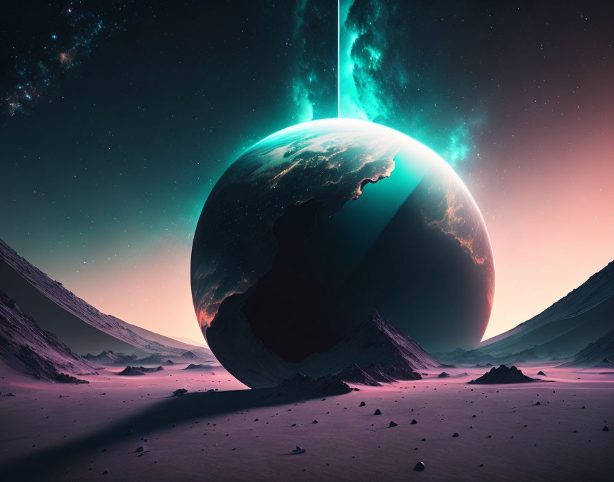 Vivid sci-fi landscape: large planet, rocky terrain, starlit sky, aurora.