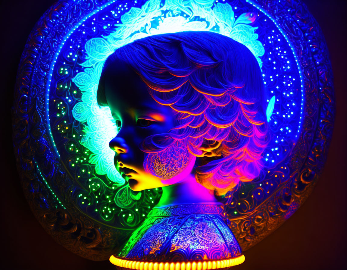 Vibrant neon colors illuminate child's face against ornate blue and white background