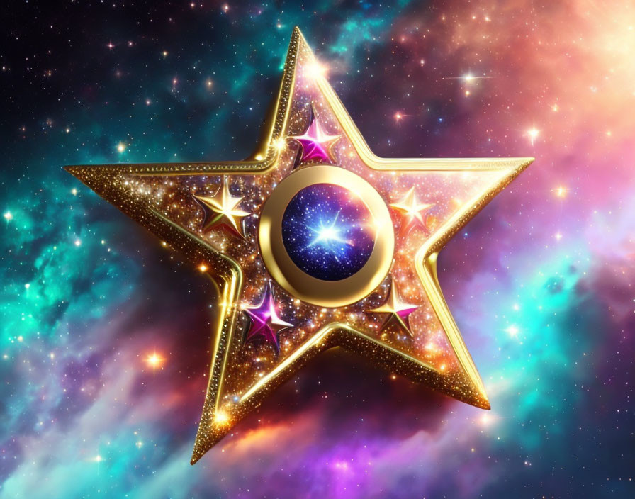 Golden star on cosmic background with blue, purple, and pink hues