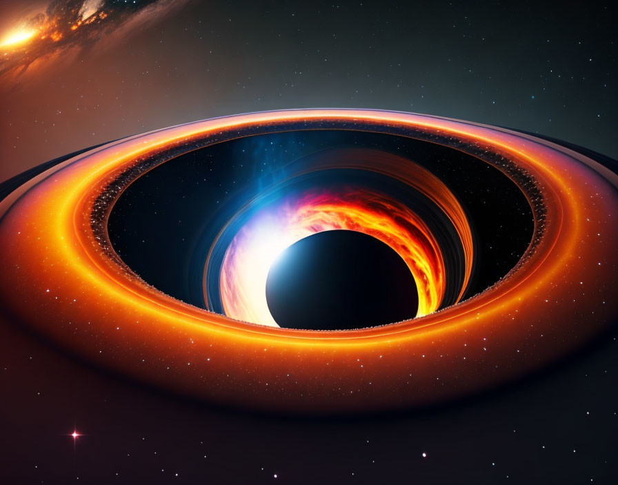 Colorful portrayal of a black hole with fiery accretion disk in space