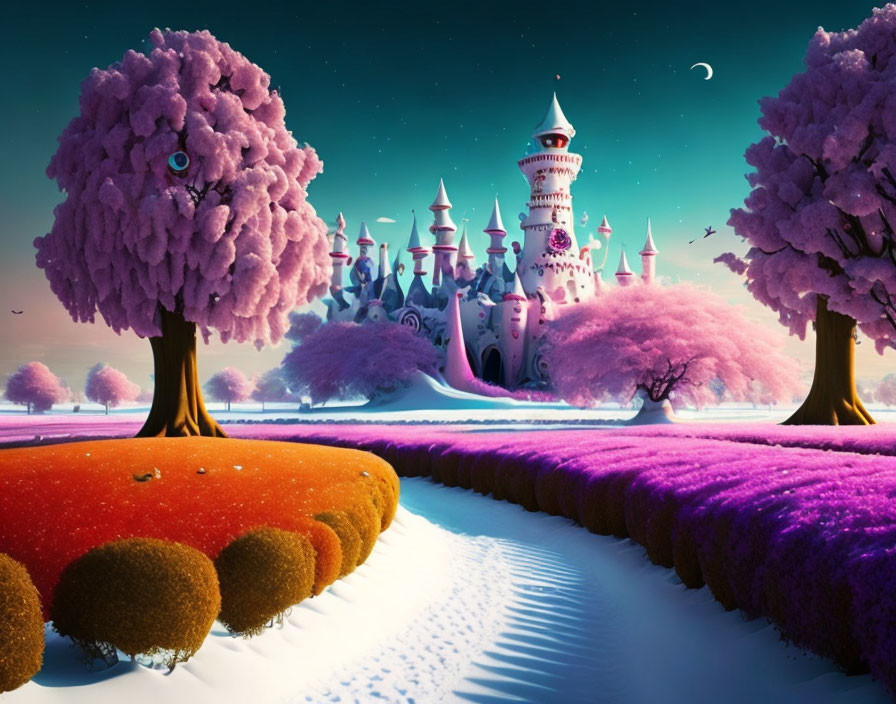 Majestic pink castle in twilight fantasy landscape