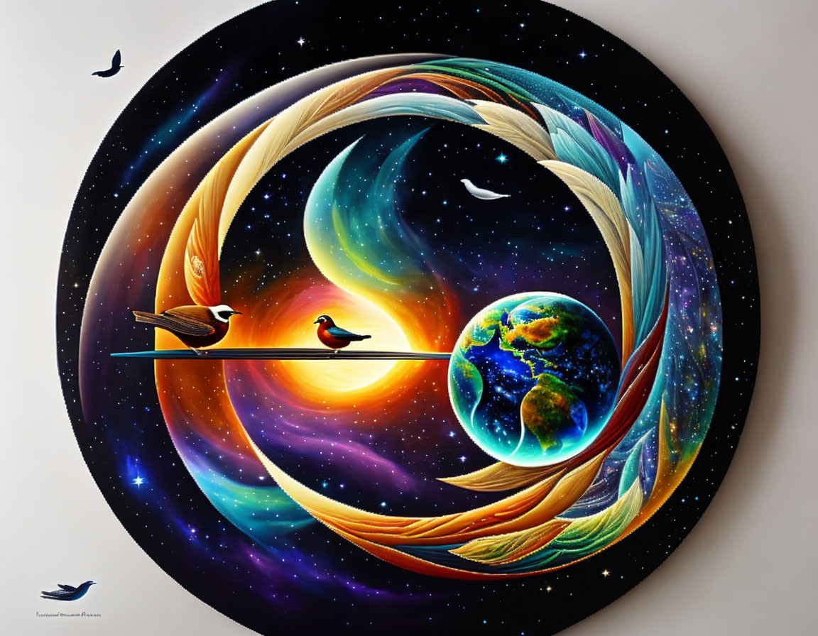 Circular cosmic painting with Earth center and vibrant swirls, feathers, and bird silhouettes.