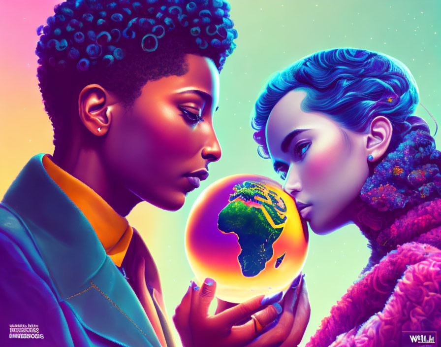 Stylized characters with blue skin gazing at globe with Africa focus