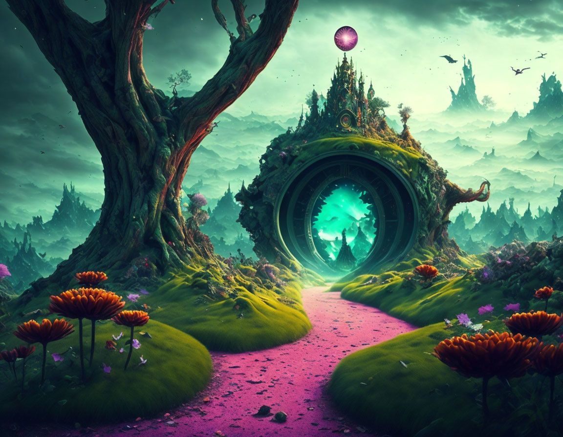 Vibrant green portal in ancient tree with floating purple orb in surreal forest