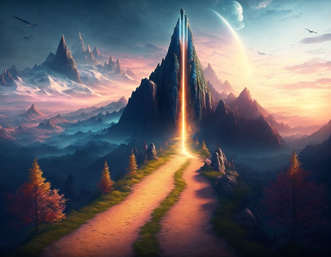 Fantasy landscape with glowing mountain portal, mist, autumn trees, crescent moon