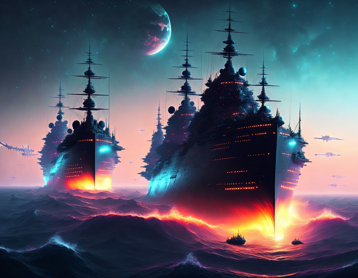 Futuristic fleet on red ocean under night sky