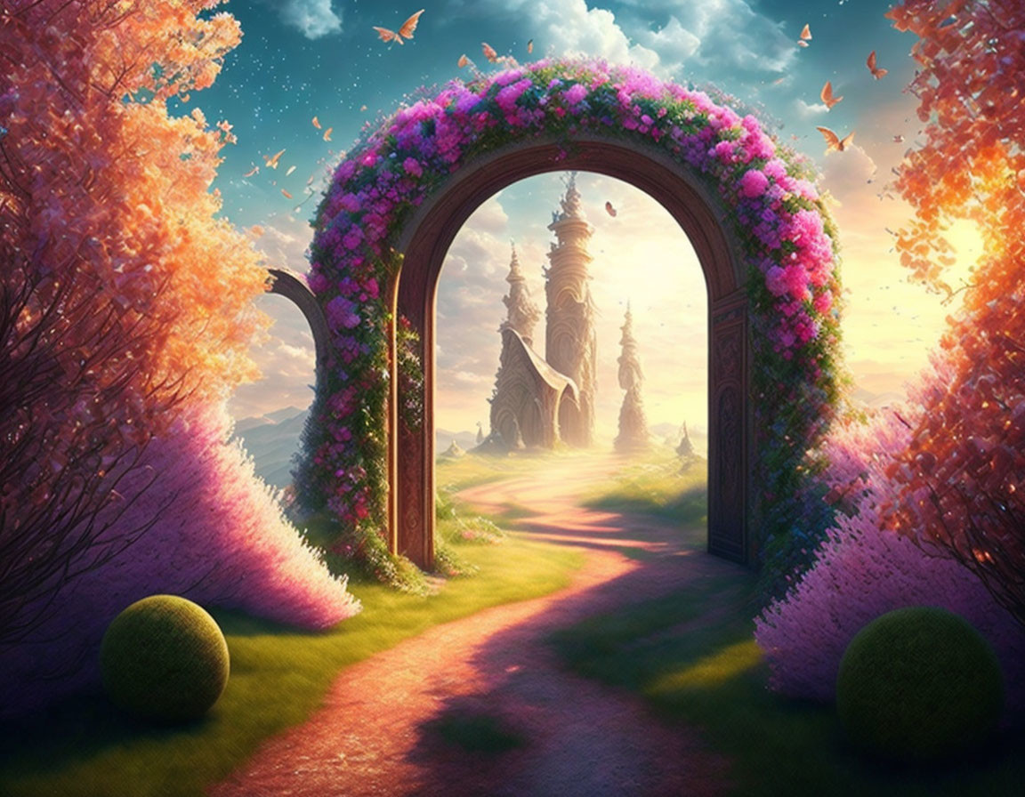 Enchanting archway with flowers leads to fairytale castle and blooming trees