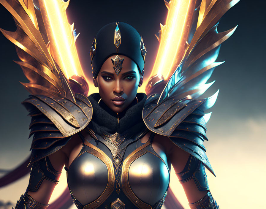 Fantasy warrior woman with glowing wings and armor in digital art