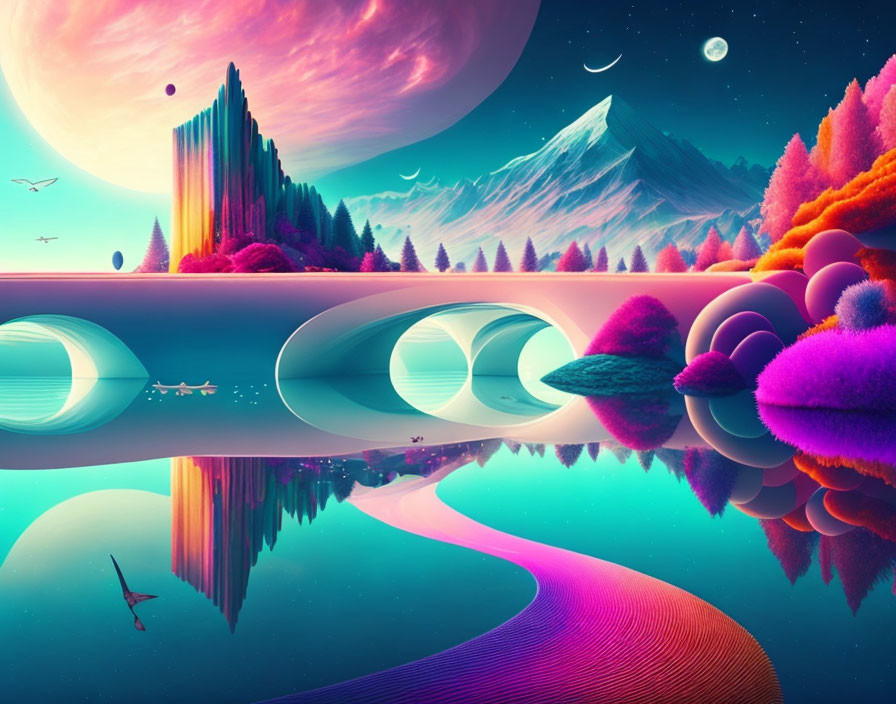 Vibrant fantasy landscape with colorful trees, reflective water, portals, mountains, moons, and birds