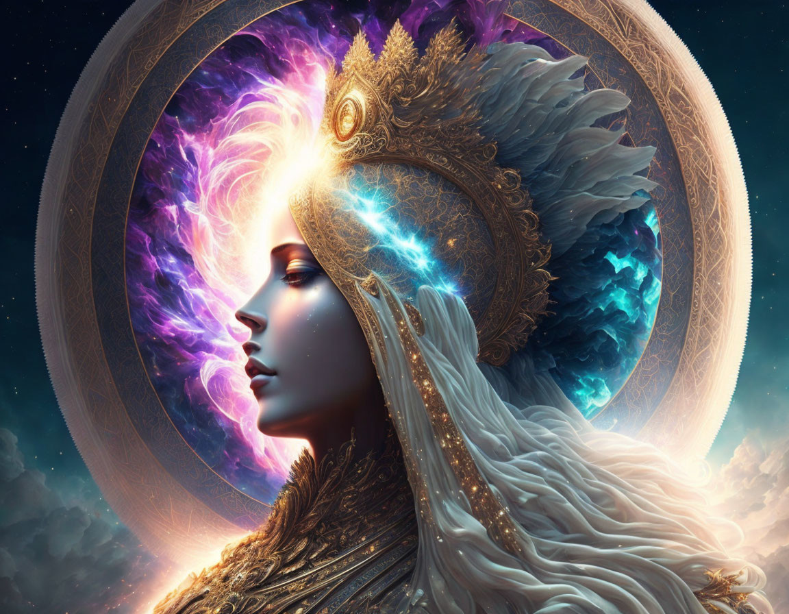 Profile of woman with ornate headwear in cosmic backdrop, golden and blue tones