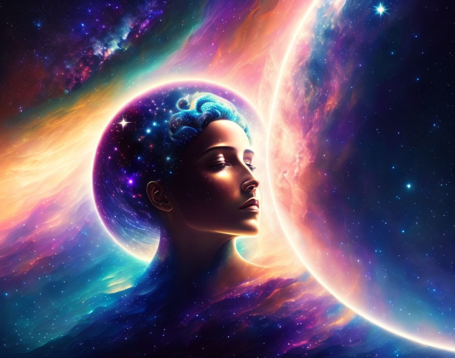 Woman's profile with cosmic backdrop and celestial mind scene