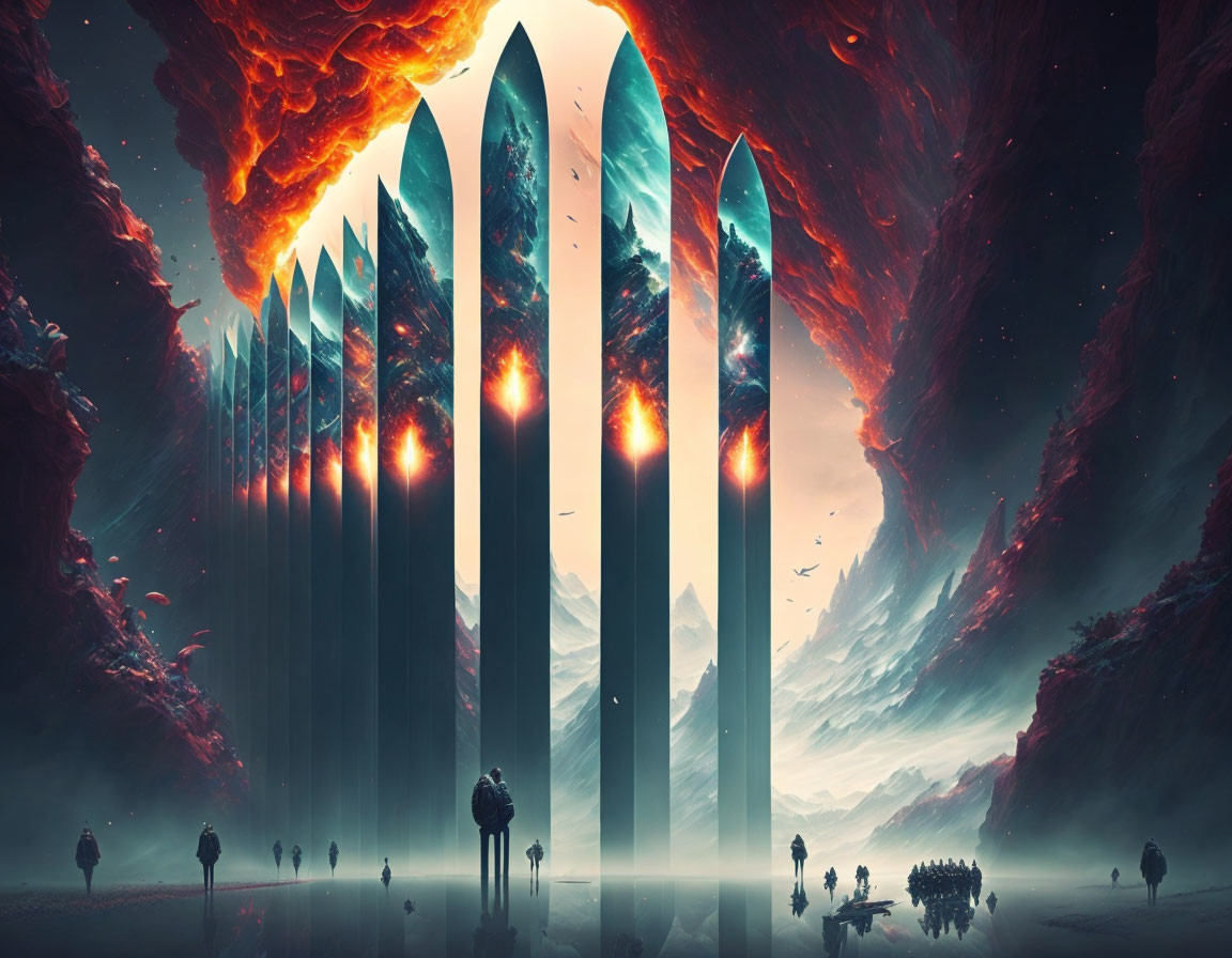 Mirrored obelisks in surreal futuristic landscape