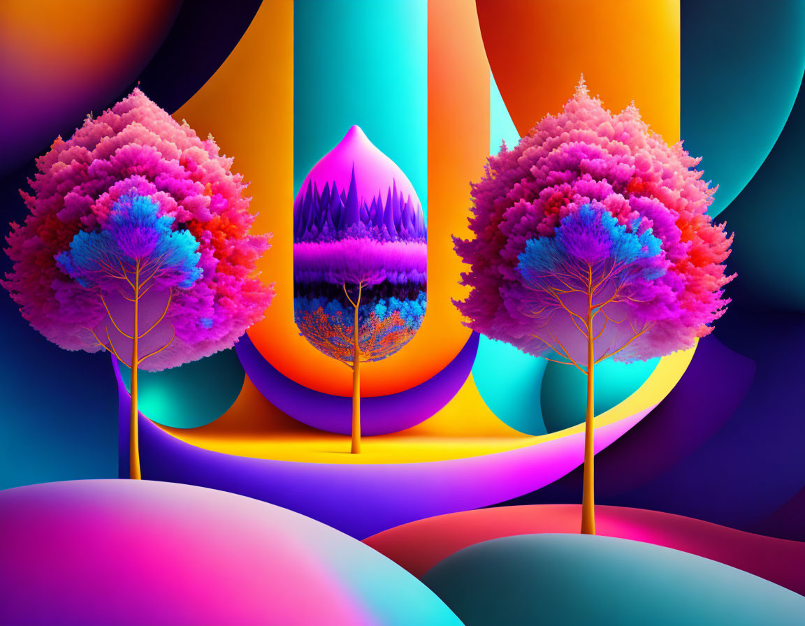 Colorful digital artwork: Whimsical trees and abstract shapes