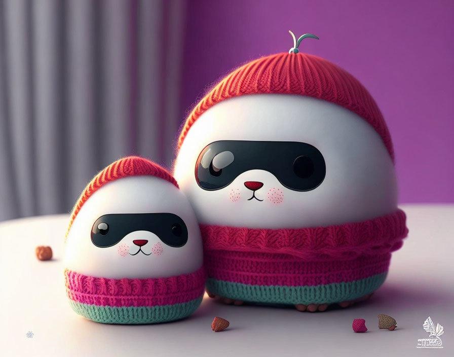 Cartoon-style pandas in knitted hats on purple background