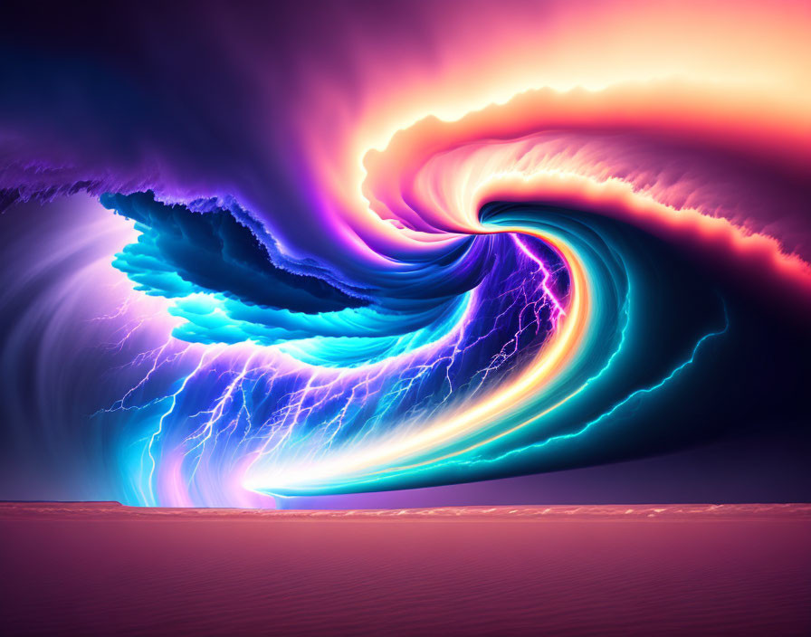 Colorful swirling vortex with lightning bolts over desert landscape