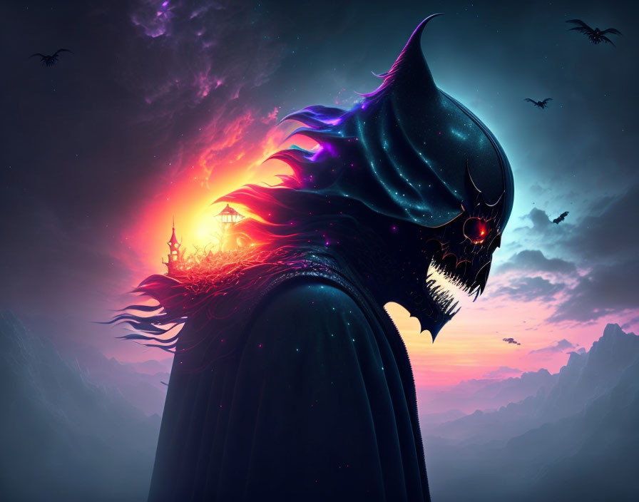 Cloaked figure with skull-like face in vibrant dusk sky near distant castle.