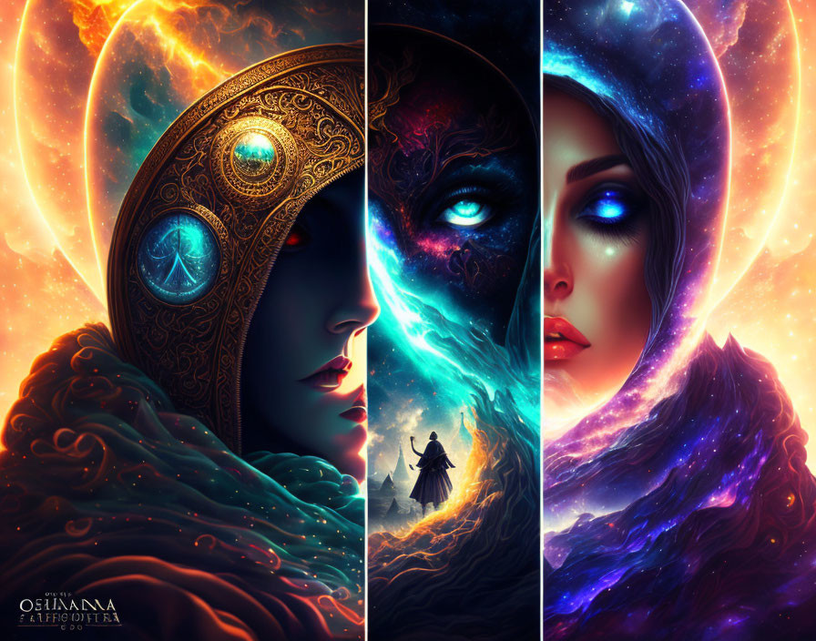 Colorful triptych with mystical figures and cosmic energy on space-themed backdrop