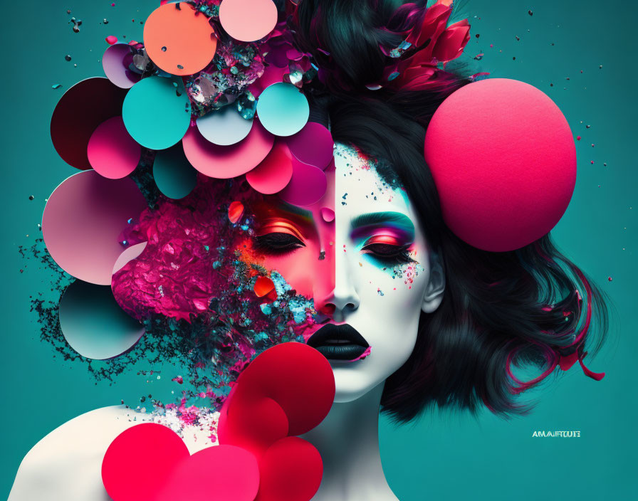 Vibrant pink and red makeup on surreal woman with dynamic sphere headdress on teal background