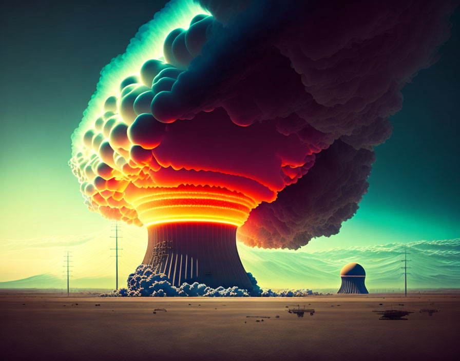 Nuclear explosion with mushroom cloud in desert landscape at dusk or dawn