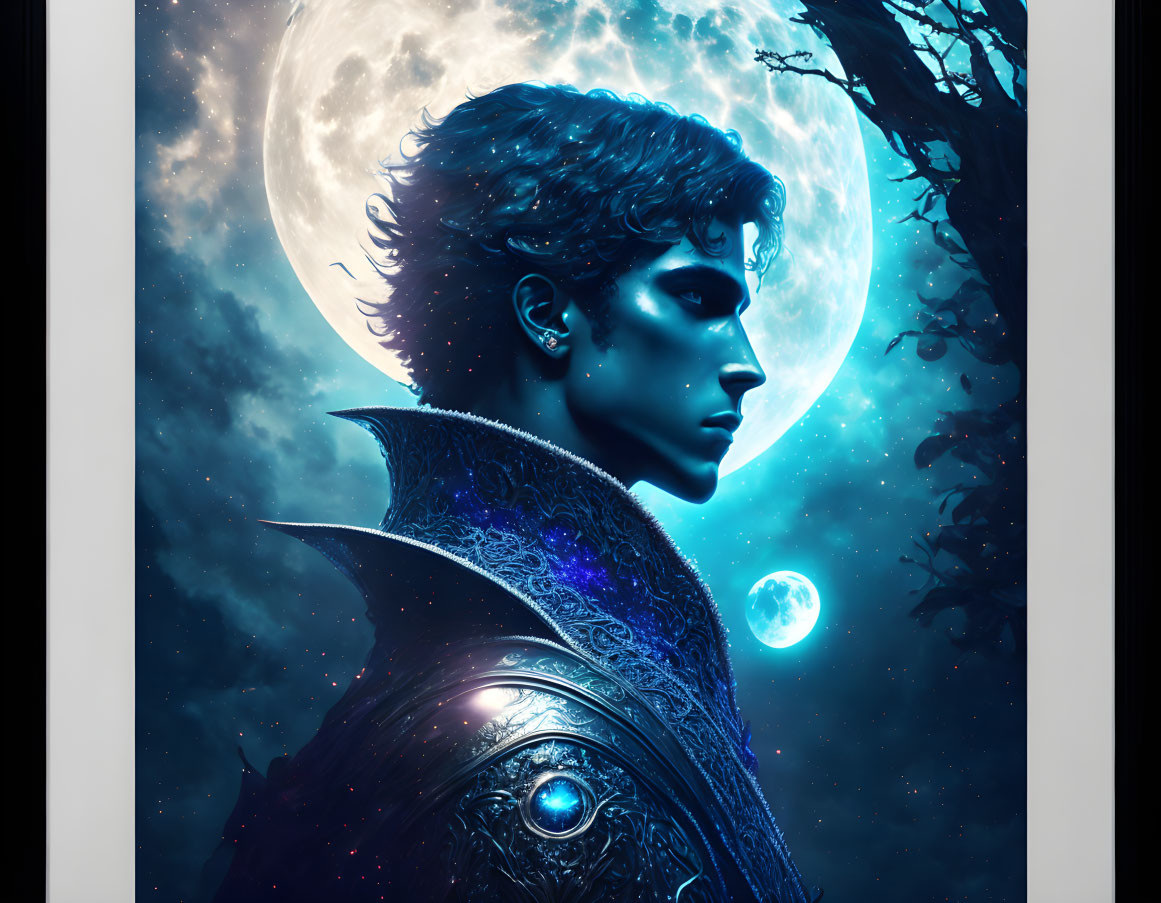 Blue-skinned man profile against moons and trees in digital art