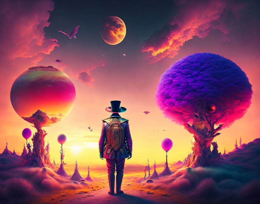 Person in top hat gazes at vibrant alien landscape with purple trees, planets, birds in surreal sunset