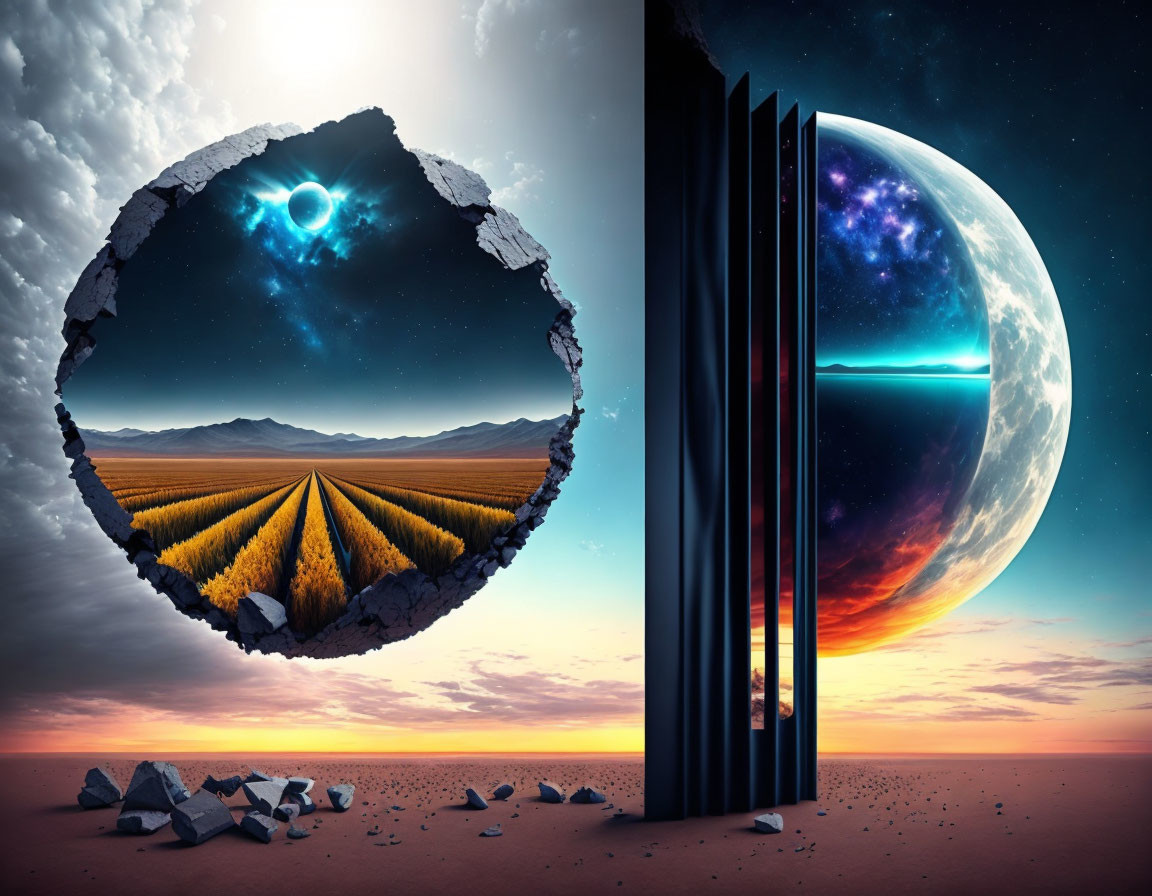 Surreal desert artwork with contrasting portals to cosmos and wheat field