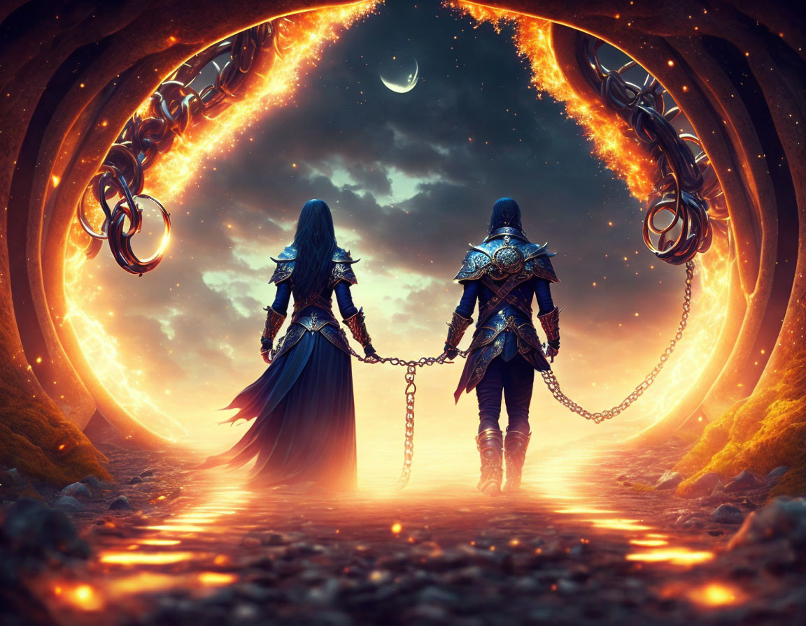 Armored figures with chains at fiery portal under crescent moon