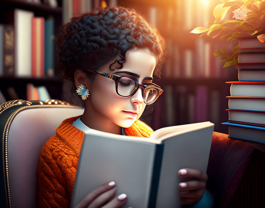 Curly-haired woman reading book in cozy library setting