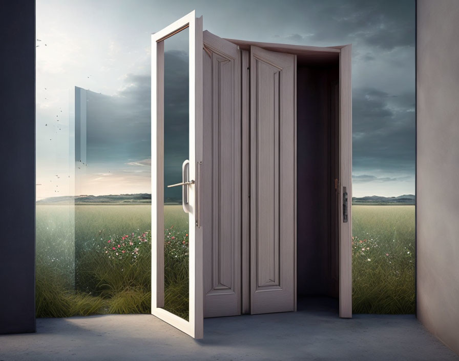 Gray room doorway opens to lush field under cloudy sky