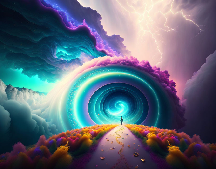 Colorful surreal vortex with vibrant landscapes and lightning