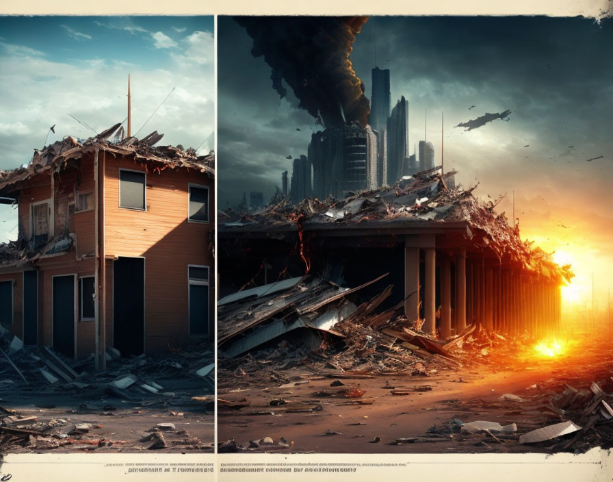 Composite image of destroyed building and sunken city with skyscrapers and smoke.